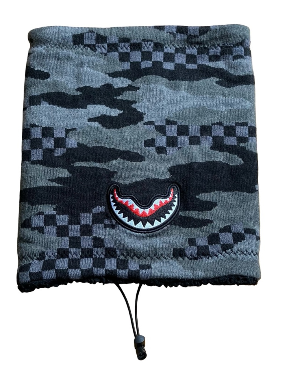 Sprayground Checkered Shark Mouth Neck Warmer Fleece Lined Adjustable Gray Black
